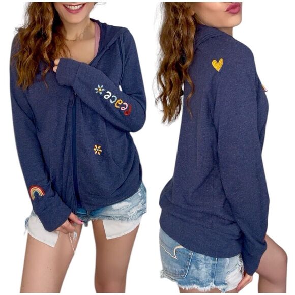 P.J. SALVAGE Embroidered Zip Up Hoodie Jacket Peace Rainbow Flower Heart Size S - Picture 1 of 12